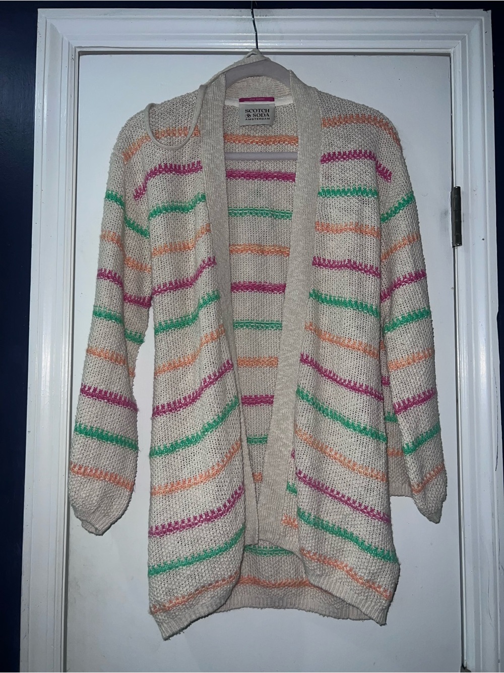 Scotch & Soda Cream Open-Front Cardigan with Pink, Green & Orange Stripes